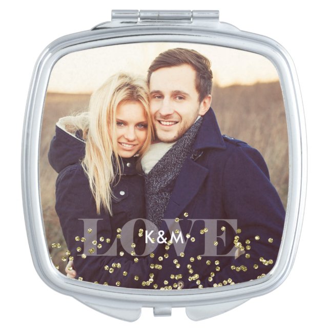 "Love" and Sparkles Photo Compact Mirror (Front)