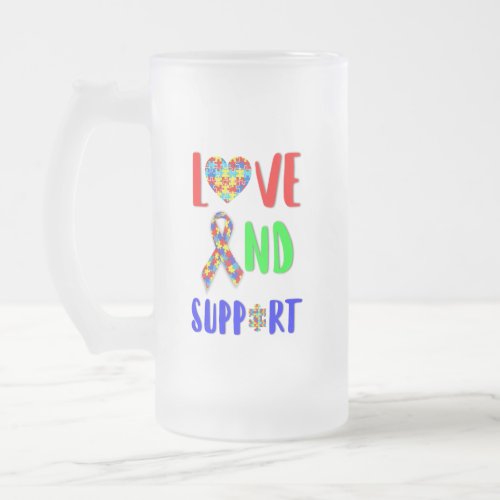 Love And Support 2 spectrum Awareness April Autism Frosted Glass Beer Mug