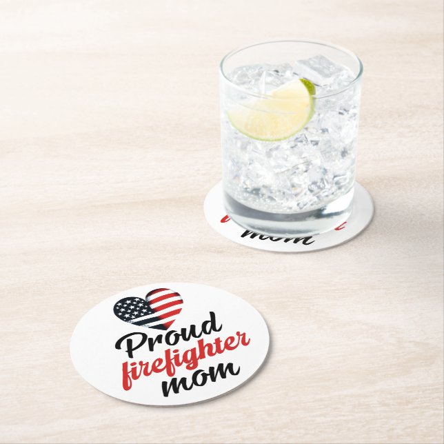Love and support honors firefighter moms round paper coaster (Insitu)