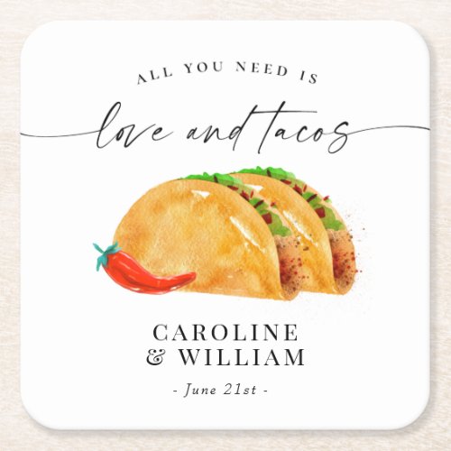 Love and Tacos Rehearsal Dinner Square Paper Coaster