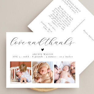 Love and Thanks 3 Baby Photo Birth Announcement Postcard