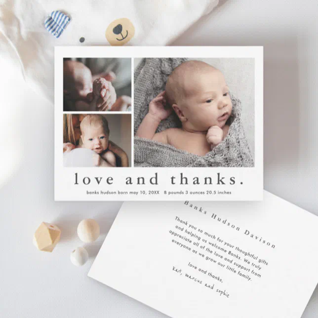 Love and Thanks 3 Photo Baby Thank You Card | Zazzle