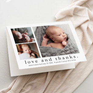 Love and Thanks 3 Photo Collage Baby Letterpress Thank You Card