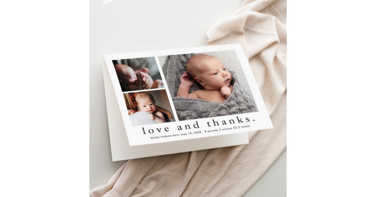 Love and Thanks 3 Photo Collage Baby Thank You Card | Zazzle