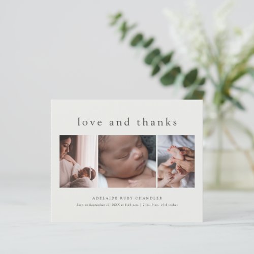 Love and Thanks 3 Photo New Baby Thank You Card