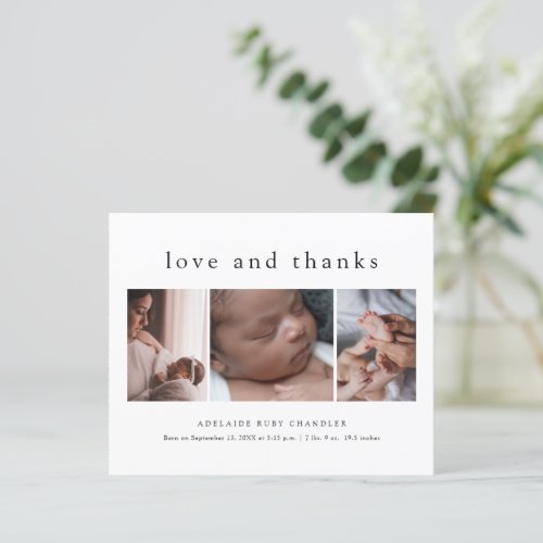 Love and Thanks 3 Photo New Baby Thank You Card