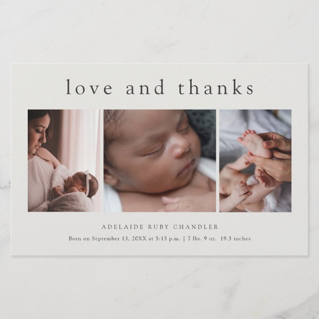 Love and Thanks 3 Photo New Baby Thank You Card Flyer (Front)