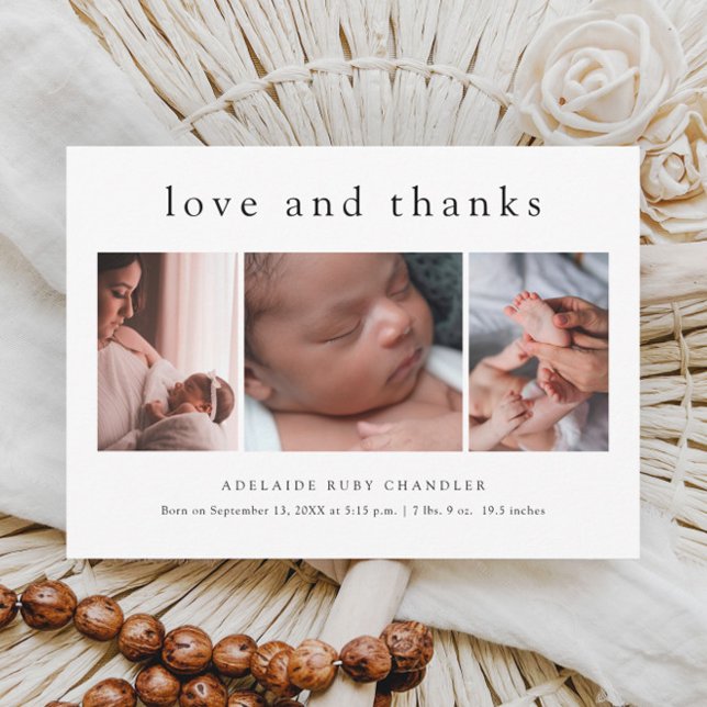 Love and Thanks 3 Photo New Baby Thank You Card Flyer (Simple love and thanks 3 photo budget baby thank you card birth announcement.)