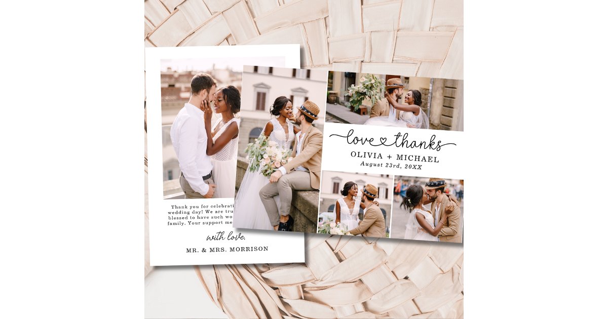 Love and Thanks 5 Photo Collage Script Wedding Thank You Card | Zazzle
