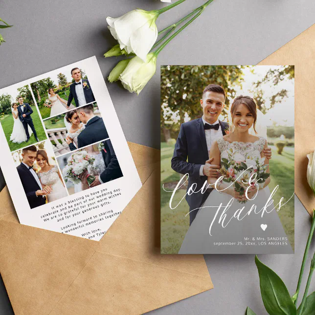 Love and thanks 6 photo collage wedding thank you card | Zazzle