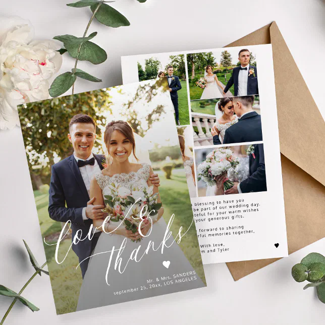 Love and thanks 6 photo collage wedding thank you invitation | Zazzle