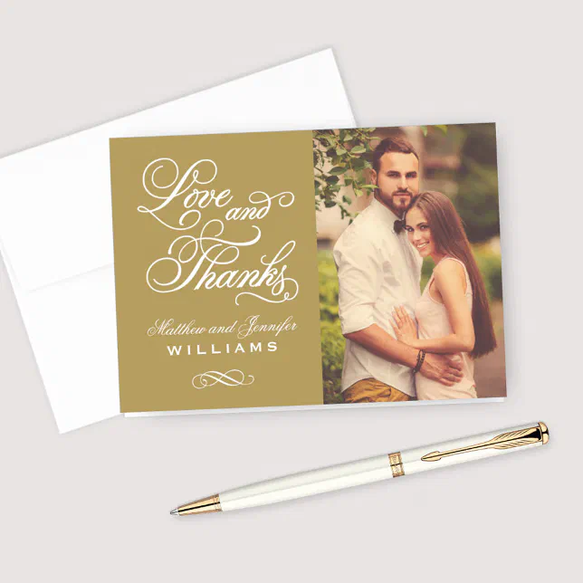 Love and Thanks Antique Gold Wedding Photo Thank You Card | Zazzle