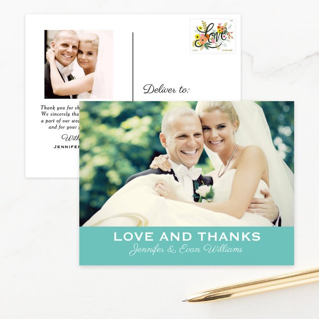 Love and Thanks Aqua Blue Wedding Monogram Photo Postcard (Creator Uploaded)