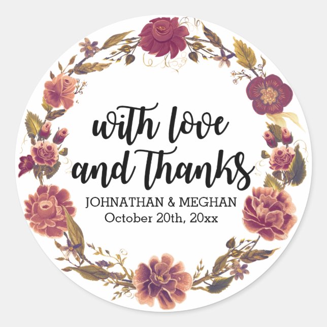 Love and Thanks Autumn Wreath Wedding Favor Classic Round Sticker (Front)