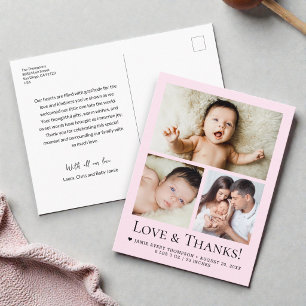 Love and Thanks Baby Photo Birth announcement pink Postcard