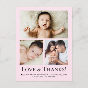 Love and Thanks Baby Photo Birth announcement pink Postcard