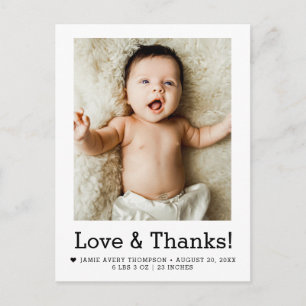 Love and Thanks Baby Photo Birth announcement Postcard