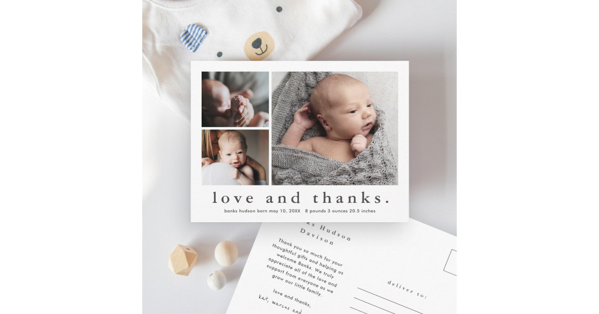 Love and Thanks Baby Photo Birth Announcement Postcard | Zazzle