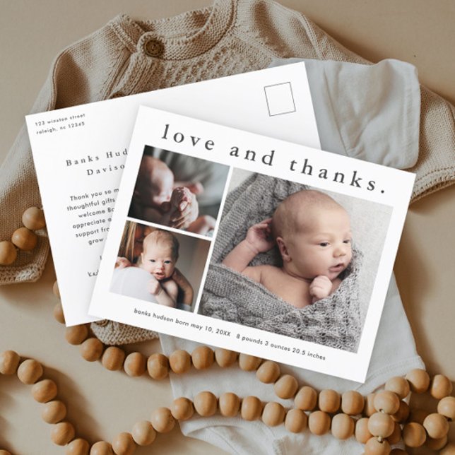 Love and Thanks Baby Photo Birth Announcement Postcard (Simple typography 3 photo collage birth announcement baby thank you postcard.)