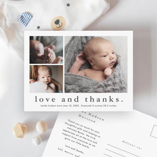 Love and Thanks Baby Photo Birth Announcement Postcard | Zazzle