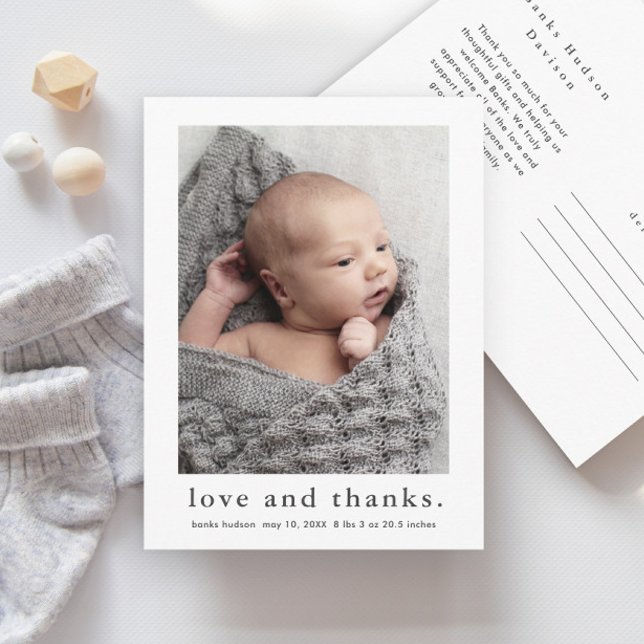 Love and Thanks Baby Photo Birth Announcement Postcard (Creator Uploaded)