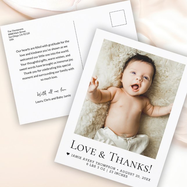 Love and Thanks Baby Photo Birth announcement Postcard (Love and thanks, Custom 1 photo baby thank you postcard)