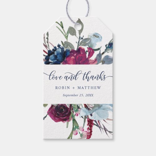 Love and Thanks Berry Burgundy Blue Floral Favor Gift Tags