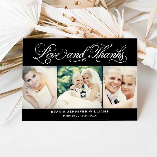 Love and Thanks Black 3 Photo Strip Wedding Thank You Card (Creator Uploaded)