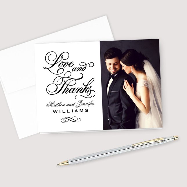 Love and Thanks Black and White Wedding Photo Thank You Card (Creator Uploaded)