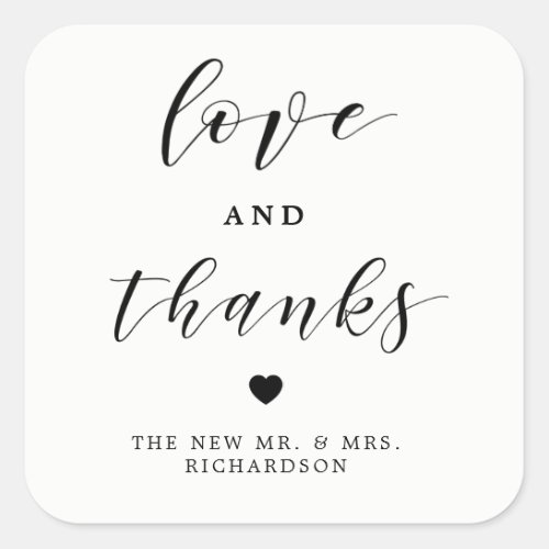 Love and Thanks  Black and White Wedding Square Sticker