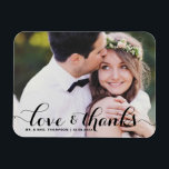 Love and Thanks | Black Calligraphy Photo Wedding Magnet<br><div class="desc">Celebrate your love and show gratitude with our customizable photo wedding thank you magnet! This unique keepsake is perfect for reminding your loved ones of your special day while expressing your heartfelt thanks in a memorable way. It features a modern typography photo overlay. Personalize by adding your photo and details....</div>