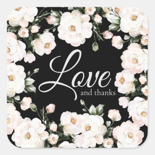 Love and Thanks Black Elegant White Roses Wedding Square Sticker