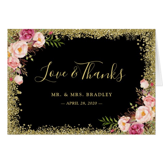 Love And Thanks Black Gold Glitter Pink Floral Card