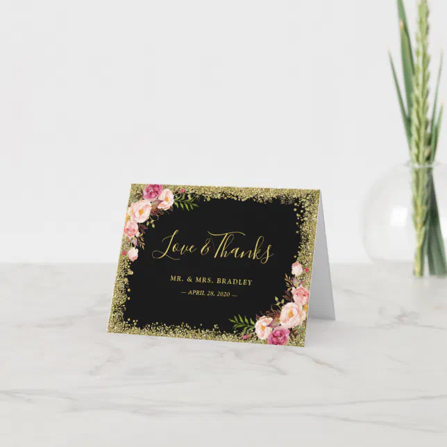 Love and Thanks Black Gold Glitter Pink Floral Thank You Card | Zazzle