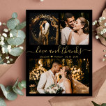 Love and Thanks Black Gold Wedding Thank You<br><div class="desc">Elegant, Modern Black and Gold Hand Lettered Wedding Photo Collage Thank You Card. Stylish wedding thank you card template featuring three photo on the front and one photo on the back. With the text "Love and thanks" in a swirly hand lettered typography script font in gold color on black background....</div>