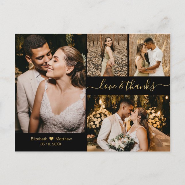 Love and Thanks Black Gold Wedding Thank You  Postcard (Front)