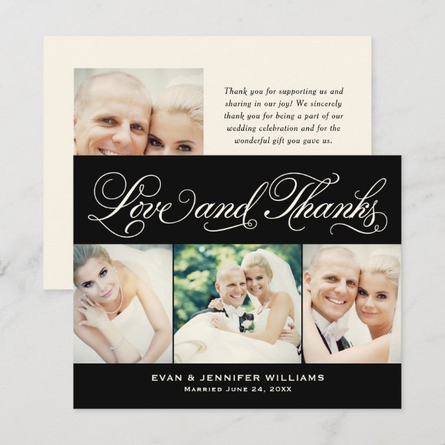 Love and Thanks Black Ivory 3 Photo Wedding Thank You Card (Front/Back)