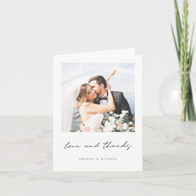 Love and Thanks Black White Border Photo Wedding Thank You Card (Front)
