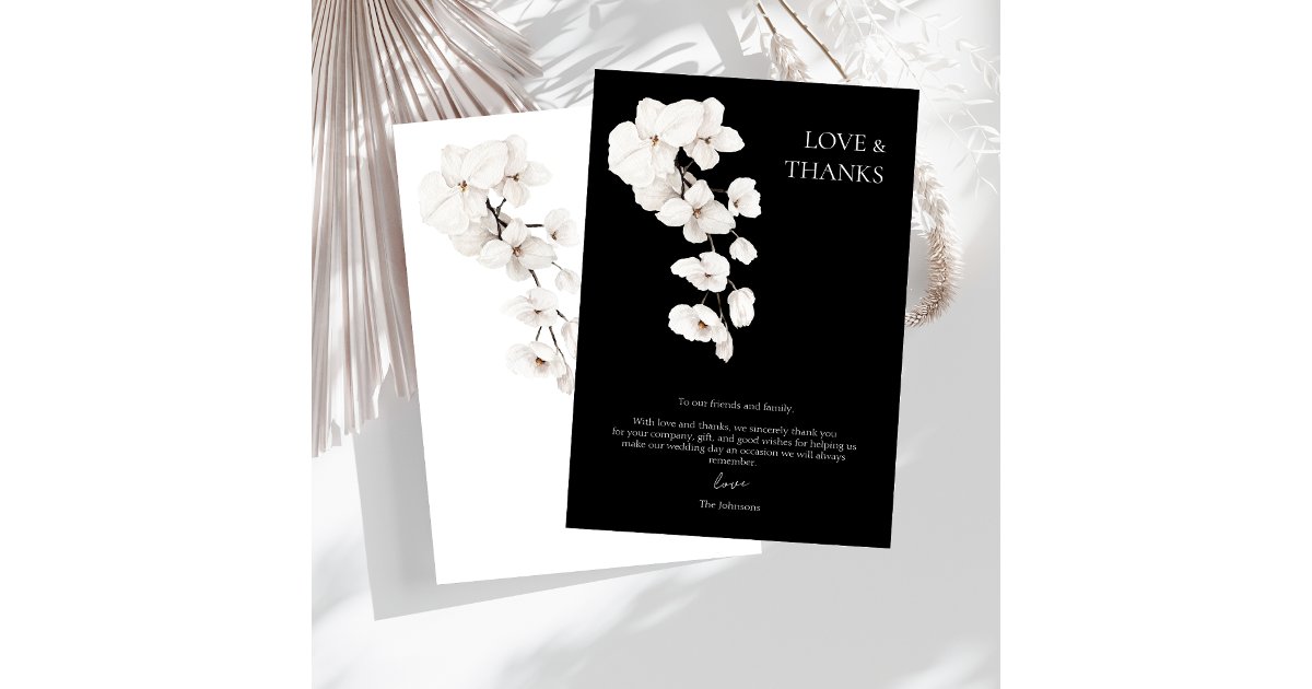 Love and Thanks Black White Orchids Floral Wedding Thank You Card | Zazzle