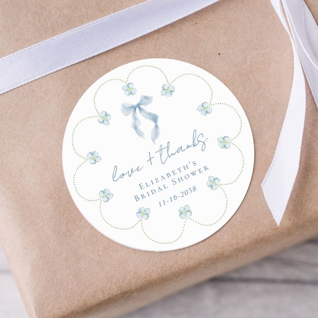 Love And Thanks Blue Bow Bridal Shower Thank You Classic Round Sticker (Love And Thanks Blue Bow Bridal Shower Thank You Classic Round Sticker)
