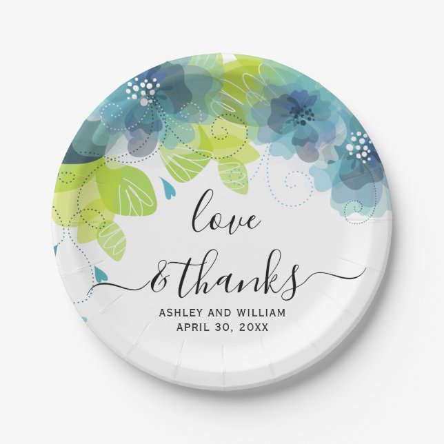Love and thanks blue flowers, floral wedding paper plates (Front)