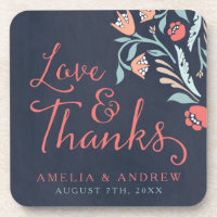 Love and Thanks Bluish Chalkboard Floral Wedding Beverage Coaster