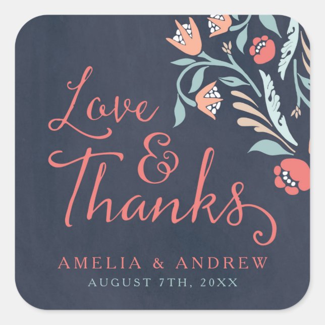 Love and Thanks Bluish Chalkboard Floral Wedding Square Sticker (Front)