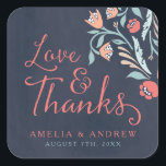 Love and Thanks Bluish Chalkboard Floral Wedding Square Sticker<br><div class="desc">This lovely square sticker features beautiful floral against a bluish chalkboard background, with the word "Love & Thanks" in modern script font. Use it to seal your wedding envelopes or for decoration. Check out the wedding invitation and other matching wedding items in my collection here -> http://www.zazzle.com/collections/bluish_chalkboard_floral_bridal_and_wedding-119872540777216768?rf=238364477188679314 Personalize it with...</div>