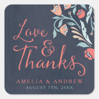 Love and Thanks Bluish Chalkboard Floral Wedding Square Sticker