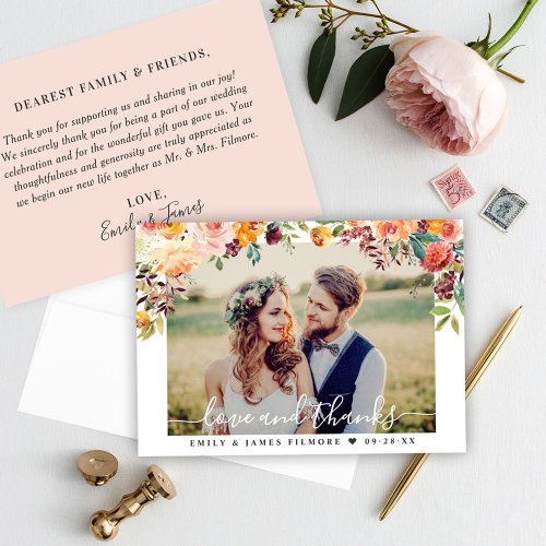 Love and Thanks Blush Fall Floral Wedding Photo Thank You Card
