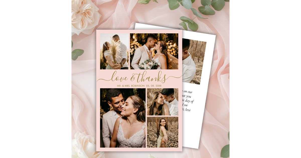 Love and Thanks Blush Photo Collage Wedding Thank You Card | Zazzle
