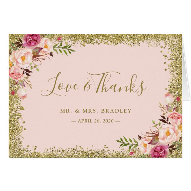 Love And Thanks Blush Pink Gold Glitter Floral Card
