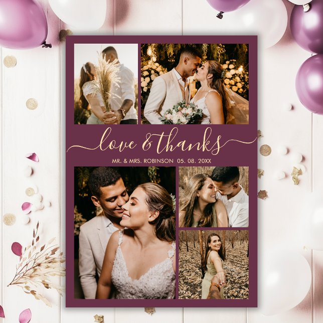 Love and Thanks Burgundy Photo Collage Wedding Thank You Card (Creator Uploaded)