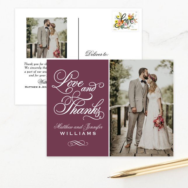 Love and Thanks Burgundy Wedding Photo Thank You Postcard (Creator Uploaded)